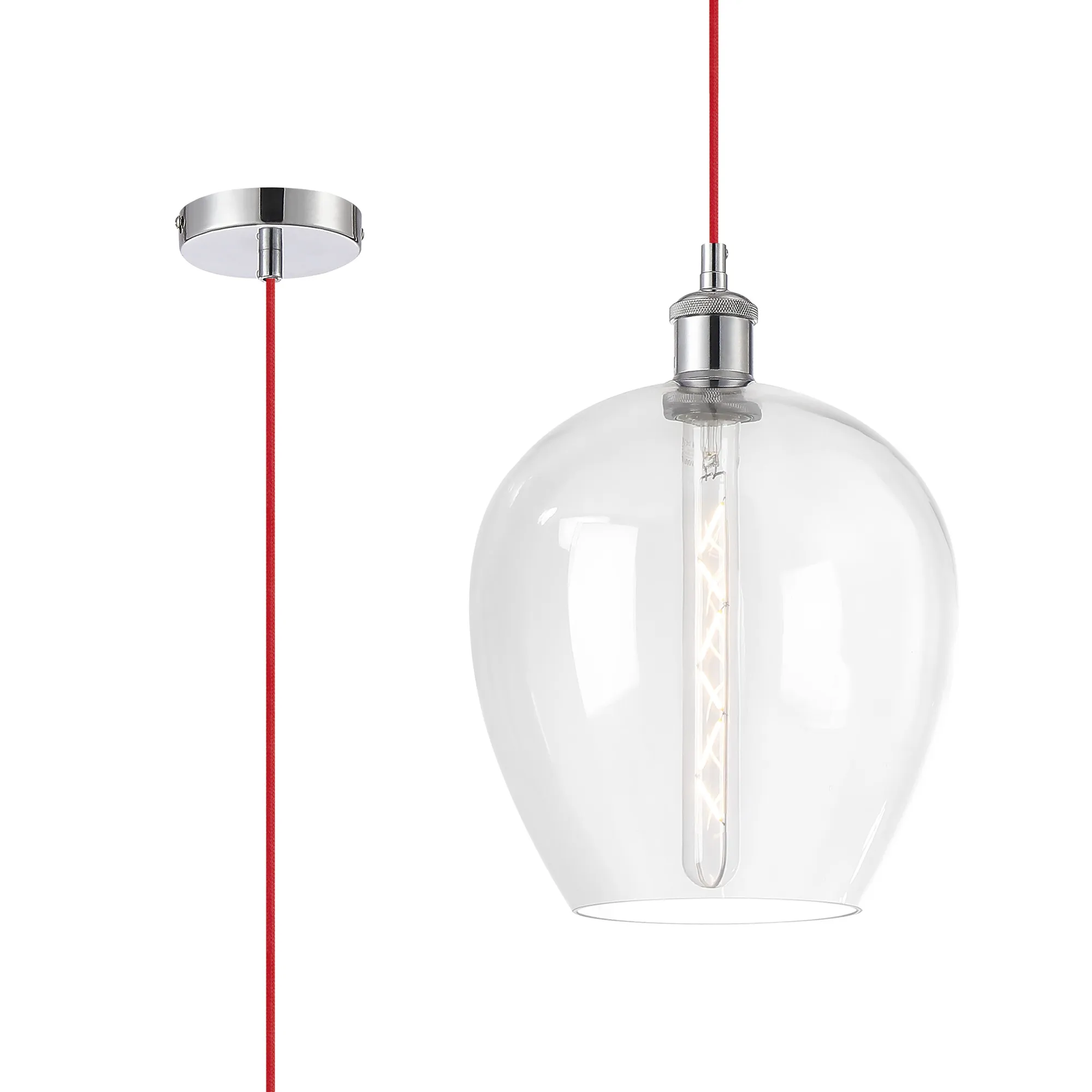 DK1104  Cawdor Single Pendant, 1 Light E27, Polished Chrome/Red/Clear Wine Glass
